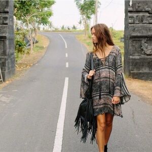 Cleobella Bohemian Fringe Mini Dress - Lace Up Bell Sleeve - Size XS